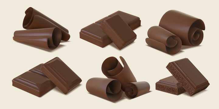 Realistic dark chocolate shavings, flakes, curls and bar pieces. 3d sweet cocoa candy spirals. Bitter or milk chocolate slices vector set