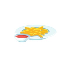 Vector cartoon flat french fries on plate with cup of sauce isolated on empty background-fast food diet and healthy eating concept,web site banner ad design