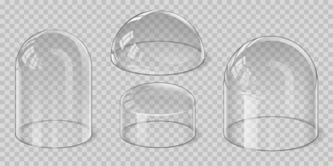 Realistic transparent glass dome spherical, hemisphere and bell shape. Protection shield and display stand cover. Glossy showcase vector set - obrazy, fototapety, plakaty