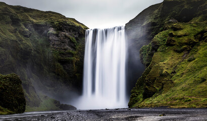 breath taking powerful Skogafoss waterfall  along route 1 in Iceland during summer.