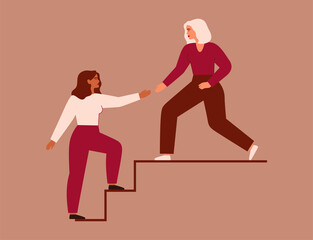 Fototapeta na wymiar Women support each other. Two females rise up together on the stairs. Woman extends a helping hand to her friend. Woman helps her colleagues to climb career ladder. Vector illustration