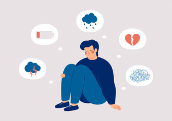 Sad man who suffers from mental health illness is sitting on the floor. Boy surrounded by symptoms of depression disorder: anxiety, crisis, tears, exhaustion, loss,  overworked, tired. Vector - obrazy, fototapety, plakaty