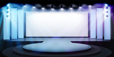 Projection screen on the stage. Free space for advertising. Exhibition in art gallery. Vector illustration. - 457150507