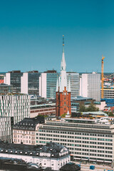 Naklejka premium Stockholm, Sweden. Elevated View Of St. Clara Or Saint Klara Church In Summer Sunny Modern Cityscape Skyline.