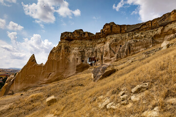 Cappadocia, Turkey - September 1, 2021 – Impressive ancient cave home which had been carved in...