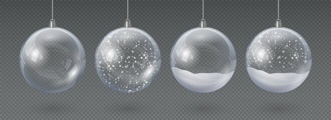 Fototapeta Realistic hanging glass christmas balls empty and with snow. 3d xmas tree decoration, transparent crystal sphere with snowflakes vector set obraz