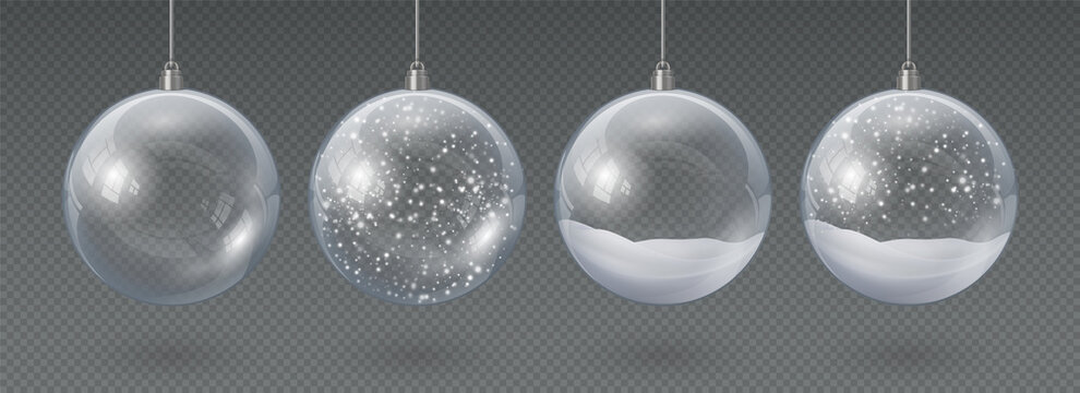 Realistic hanging glass christmas balls empty and with snow. 3d xmas tree decoration, transparent crystal sphere with snowflakes vector set