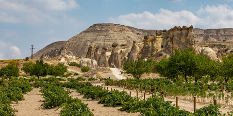 Cappadocia, Turkey - September 1, 2021 – Impressive nature by chimney rock formations and rock...
