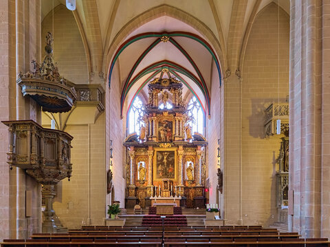 Choir and altar of Church of St. Severus in Erfurt, Germany. Construction on the present church building began in the 1270s. It was consecrated in 1308.