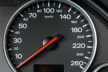 Speedometer in a car. Car dashboard. Dashboard details with indication lamps.Car instrument panel. Dashboard with speedometer.Car detailing. Modern interior.Closeup.Copy space.