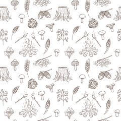 Fototapeta premium Seamless pattern with autumn, forest harvest. Pine cone, mushrooms, bonfire, stump, berry, marshmallow, acorns. Monochrome backdrop with linear outline doodle elements. Black white vector pattern