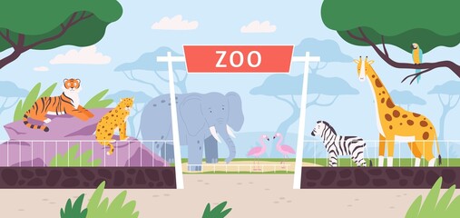 Cartoon zoo park entrance gate with savannah and jungle animals. Flat safari landscape with zebra, african elephant and giraffe vector scene