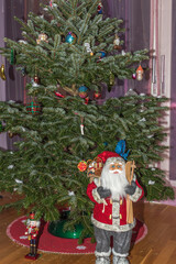 Beautiful view of cute Santa Claus and nutcracker figures on pine tree background. Christmas holidays concept. Sweden.
