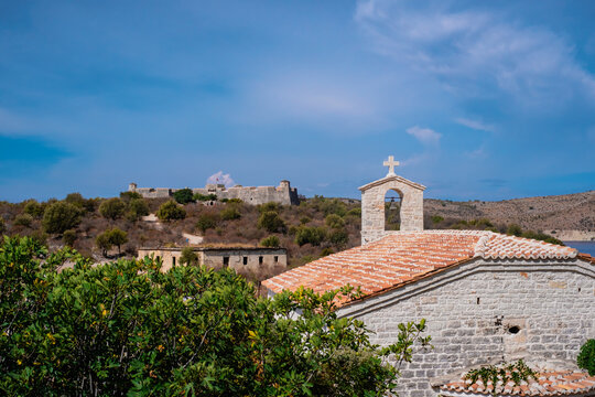 Porto Palermo castle Ali Pasha Tepelena in Himare Albania. Sightseeing and travel destination 