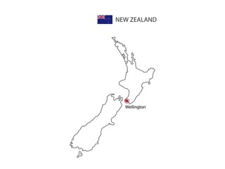 Hand draw thin black line vector of New Zealand Map with capital city Wellington on white background.