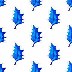 XMAS watercolor Poinsettia Seamless Pattern in Blue Color. Hand Painted fir tree background or wallpaper for Ornament, Wrapping or Christmas Gift