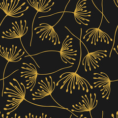 Seamless print with the image of a golden yellow dill on a dark black background. For printing on textiles, office, interior, etc