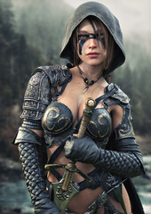 Portrait of a fantasy female Ranger pathfinder with tribal face paint wearing leather armor , hooded cloak and equipped with a sword. 3d rendering