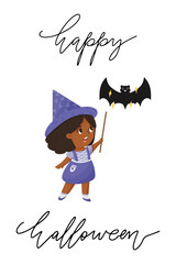 Cute Afro American curly kid in Halloween costume for a celebration party. Little black witch with a magic wand and a bat.