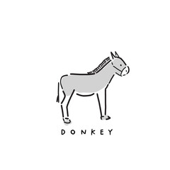 Animal hand-drawn vector sticker icon on white background with hand writing letters. - Donkey - Simple and heartwarming line drawing art. 