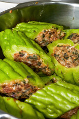 Chinese Guangxi traditional dish, bitter gourd stuffed with meat close-up