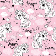 Obraz premium Vector seamless pattern with cute monochrome unicorns