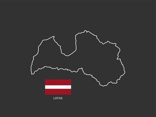 Latvia map vector thin white line style on the black background and Latvia flag in this vector.