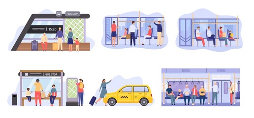 People at bus stop, crowd inside city public transport. Flat characters travel by metro train, waiting autobus or tram. Passenger vector set © Tartila