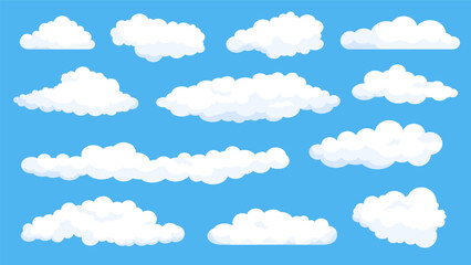 Cartoon fluffy white clouds on summer blue sky. Cloudy weather comics elements. Simple flat abstract cloud shape for game or logo vector set - obrazy, fototapety, plakaty