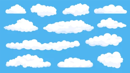 Foto op Canvas Cartoon fluffy white clouds on summer blue sky. Cloudy weather comics elements. Simple flat abstract cloud shape for game or logo vector set © Tartila