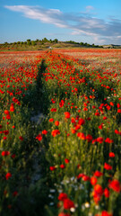 An overgrown road through a blooming red poppy field, blurred foreground, vertically panoramic.