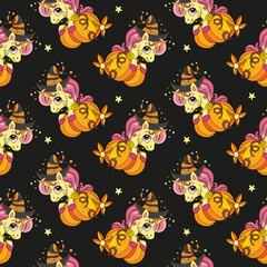 Vector seamless pattern with cute Halloween unicorns
