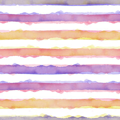 Fototapeta premium Watercolor Abstract Yellow Pink Blue Stripes Background. Cool Seamless Pattern for Fabric Textile and Paper. Simple Hand Painted Stripe