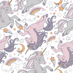 Fototapeta na wymiar Vector seamless pattern with dreaming pink unicorns