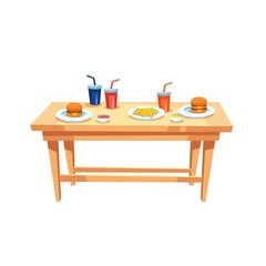 Vector cartoon flat table with plastic cups,various sauces,french fries and burgers on plates isolated on empty background-fast food diet and healthy eating concept,web site banner ad design