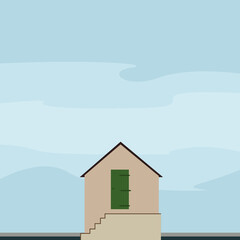 Vector illustration of a house. Flat An image of a one-story residential building. Gray building with blue sky and clouds. Design for cards, posters, backgrounds, templates, textiles.