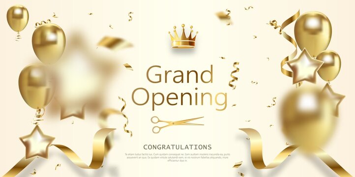 Grand opening banner with beige curly sparkling ribbons.