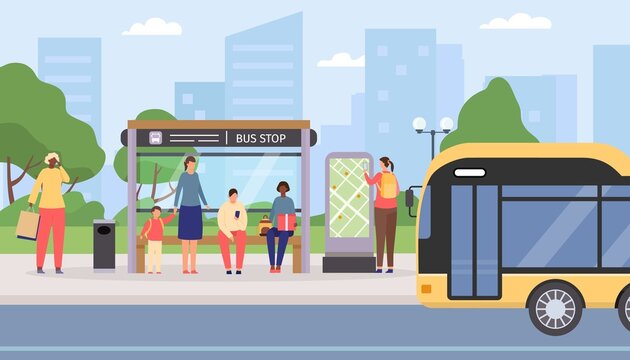 Flat people waiting at city public bus stop. Passengers sitting and standing at station, bus arriving. Urban travel transport vector concept