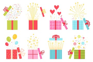 Flat open prize concept, gift box with confetti. Surprise present boxes with balloon, firework and heart. Game win or reward icon vector set