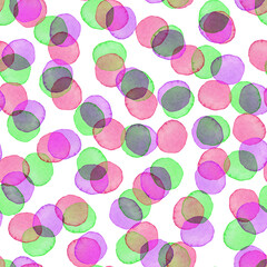 Hand Painted Brush Polka Dot Girly Seamless Watercolor Pattern. Abstract watercolour Round Circles in Purple Green Color. Artistic Design for Fabric and Background
