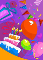 Happy Birthday poster with cake and decorations. Holiday postcard design in cartoon style.