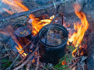 Campfire cooking dinner.