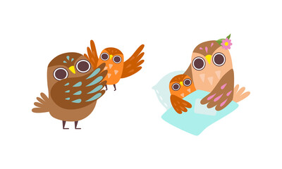 Happy Owl Family with Father, Mother and Baby Playing and Sleeping in Bed Vector Set