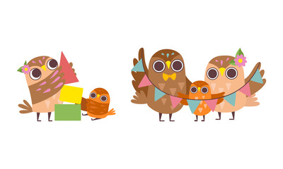 Happy Owl Family with Father, Mother and Baby Holding Garland and Playing with Toy Bricks Vector Set