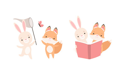 Pretty Little Bunny and Fox Cub Playing Together as Best Friends Vector Set