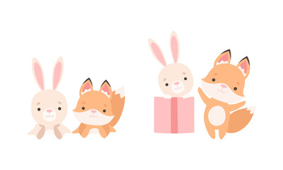 Pretty Little Bunny and Fox Cub Playing Together as Best Friends Vector Set