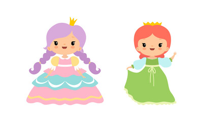 Little Princess with Golden Crown and Pretty Dress Standing and Waving Hand Vector Set