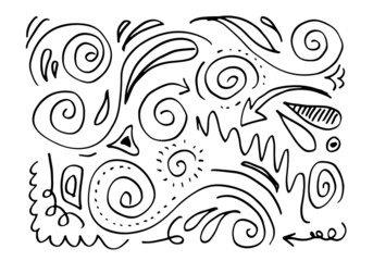 Hand drawn vector sketchy Doodle cartoon set of curls and swirls decorative elements for concept design