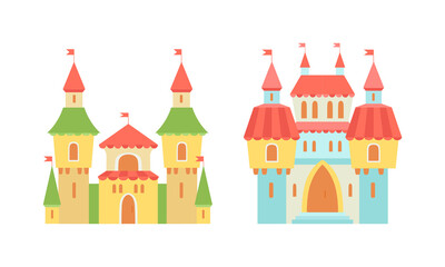 Princess Castle and Fortress with Tall Towers and Flags Vector Set