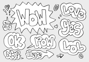 Hand drawn set of speech bubbles with handwritten short phrases  wow,lol,pow,yes,love,ok,no,here on gray background.